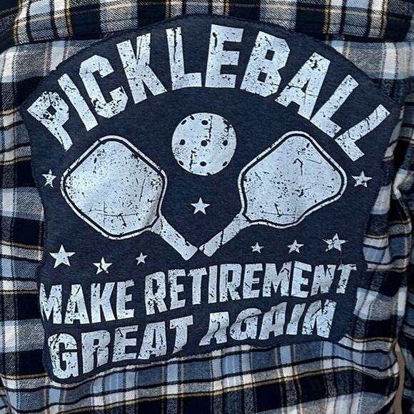 PickleBall Plaid Flannel Button Down Shirt LARGE Funny Blue Retirement Unique - Picture 2 of 7
